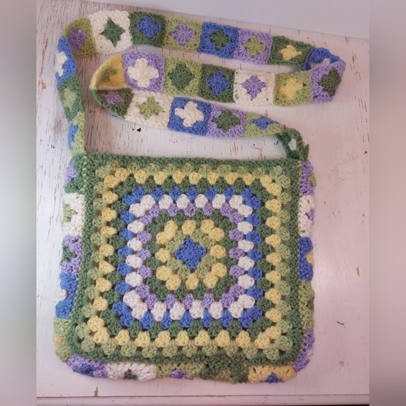 Colorful Hand Crafted Crochet Granny Square Crossbody Purse Boho Lined Handbag - Picture 1 of 12